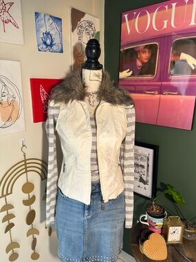 Paris Blues Cream Faux-Fur Collar Jacket with Striped Knit Sleeves